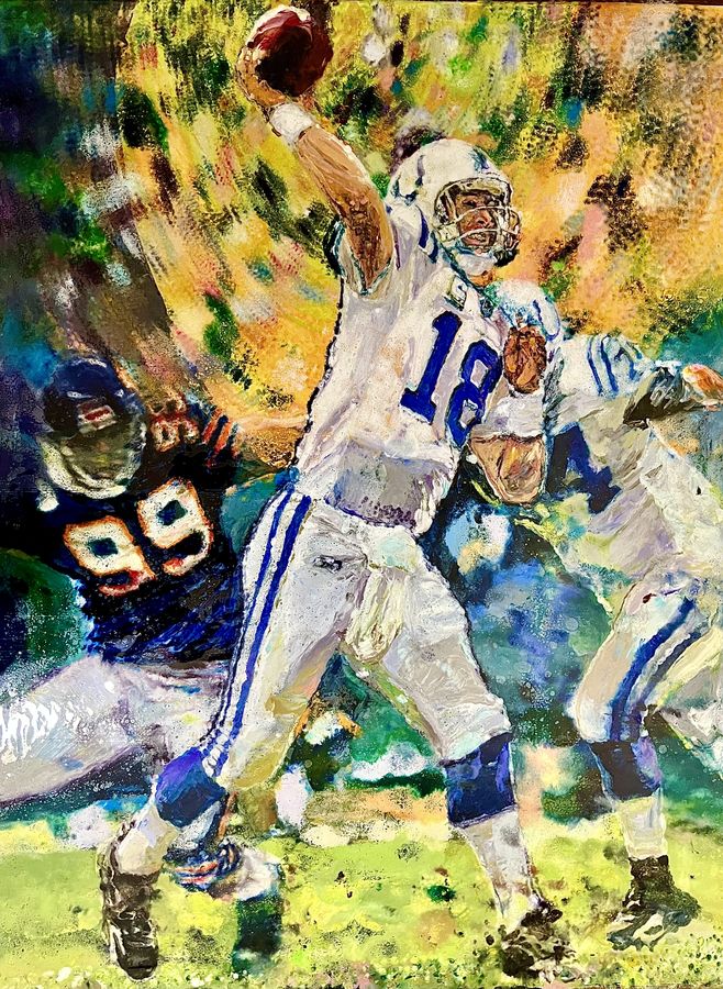 Peyton Manning NFL Hall of Fame, Superbowl Champion 2007 and 2015, 5 Time NFL MVP, oil on canvas  36 x 48
