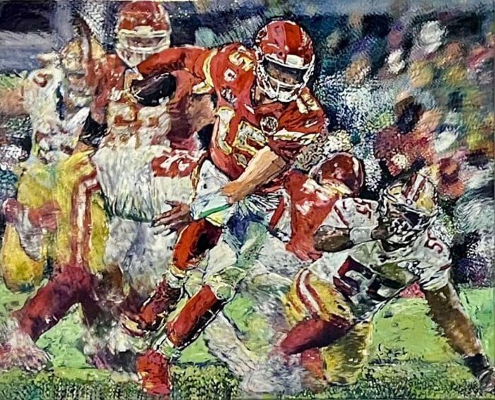 Patrick Mahomes, 2019 and 2021 Superbowl Champion and MVP, NFL MVP 2018 and 2022 oil on canvas 48 x 60