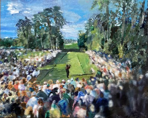 Tiger Teeing off at the 18th, Oil on canvas 20x24